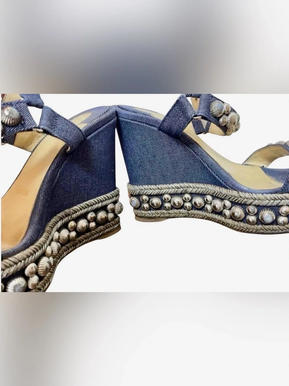 Christian Louboutin Denim 120 Rondaclou Wedge Studded Spike Sandals